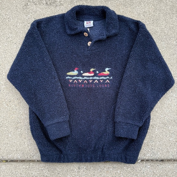 Vintage Navy Northwoods Loons Sherpa Pull Over Sweater Size Medium - Picture 1 of 7